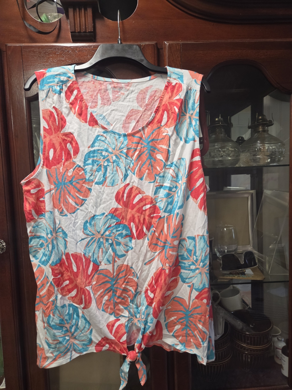 Kim Rogers White Tank Top with Coral & Aqua Tropical Print #0229